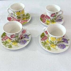 Vintage Ernestine Salerno Amaryllis 4 Cup Saucer Sets Italy Garden Party 50s 60s